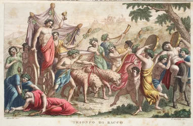 Bacchus rítusai vagy diadala vagy Trionfo di Bacco, III. könyv, illusztráció Ovidius Metamorfózisaiból, Firenze, 1832 (kézzel színezett metszet)